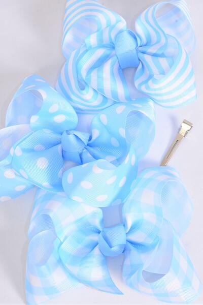 Hair Bow Jumbo Plaid Polka dots Stripe Mix Grosgrain Bow-tie Baby Blue Mix / 12 pcs Bow = Dozen Baby Blue Mix , Alligator Clip , Bow - 6" x 5" Wide , 4 of each Pattern Asst , Clip Strip & UPC Code