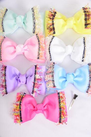 Hair Bow Large Double Layered Decorative Edge Grosgrain Bow-tie Pastel / 12 pcs Bow = Dozen Alligator Clip , Size - 6" x 4" Wide , 2 White , 2 Pink , 2 Lavender , 2 Hot Pink , 2 Mint ,1 Blue ,1 Yellow Color Asst , Clip Strip and UPC Code