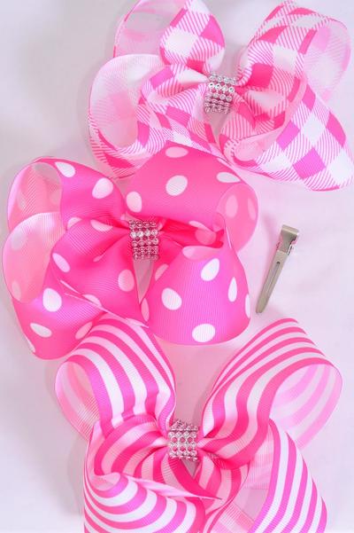 Hair Bow Jumbo Plaid Polka dots Stripe Mix Grosgrain Bow-tie Pink Mix / 12 pcs Bow = Dozen Alligator Clip , Bow - 6 " x 5" Wide , 4 of each Pattern Asst , Clip Strip & UPC Code