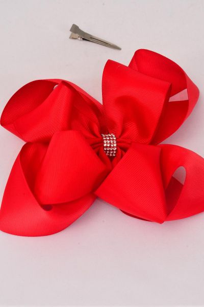 Hair Bow Cheer type Bow Double Layered Windmill Red Grosgrain Bow-tie / 12 pcs Bow Dozen  Alligator Clip , Size - 6.5" x 6.5" Wide , Clip Strip & UPC Code