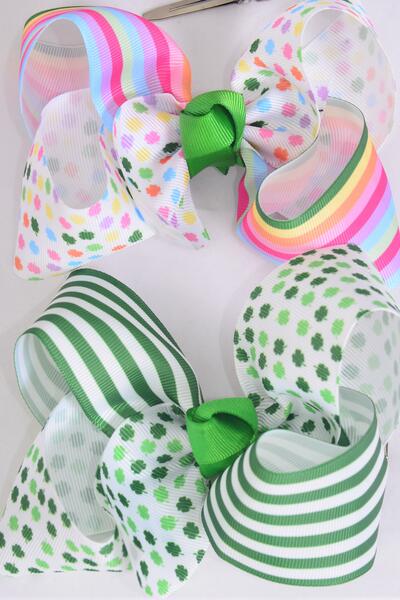 Hair Bow Jumbo Clover Stripes mix Grosgrain Bow-tie / 12 pcs Bow = Dozen  Alligator Clip , Size - 6" x 5" Wide , 6 Of Each Pattern Asst , Clip Strip and UPC Code