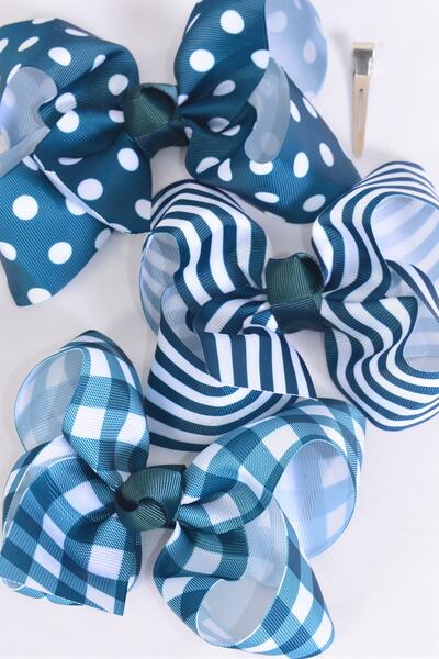 Hair Bow Jumbo Plaid Polka dots Stripe Mix Grosgrain Bow-tie Hunter Green Mix / 12 pcs Bow = Dozen Hunter Green , Alligator Clip , Bow - 6" x 5" Wide , 4 of each Pattern Asst , Clip Strip & UPC Code