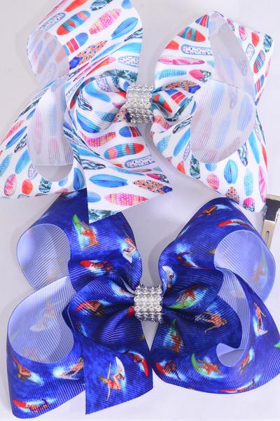 Hair Bow Jumbo Vacation Surfboard Surfing Grosgrain Bow-tie / 12 pcs Bow = Dozen   Surfing , Alligator Clip , Bow - 6" x 5" Wide , 6 of each Pattern Asst , Clip Strip & UPC Code