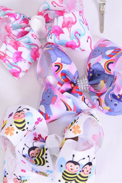 Hair Bow Jumbo Flamingo Honey Bee Elephant Asst Grosgrain Bow-tie / 12 pcs Bow = Dozen Alligator Clip , Size - 6" x 5" Wide , 4 Of Each Pattern Asst , Clip Strip & UPC Code