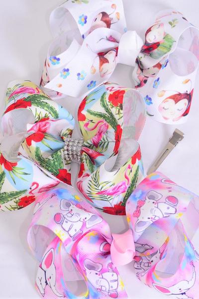 Hair Bow Jumbo Flamingo Honey Bee Elephant Asst Grosgrain Bow-tie / 12 pcs Bow = Dozen Alligator Clip , Size - 6" x 5" Wide , 4 of each pattern Asst , Clip Strip & UPC Code