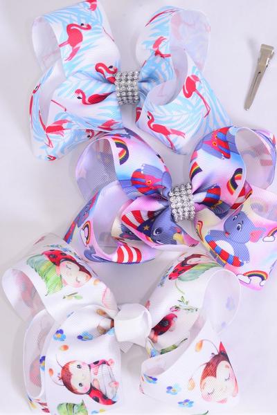 Hair Bow Jumbo Flamingo Ladybug Elephant Asst Grosgrain Bow-tie /  12 pcs Bow = Dozen  Alligator Clip , Size - 6" x 5" Wide , 4 Of each Pattern Asst , Clip Strip & UPC Code