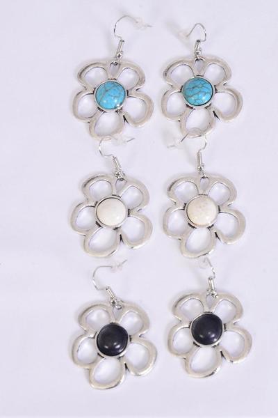 Earrings Metal Antique Flower Semiprecious Stone / 12 pair = Dozen match 75030  Fish Hook , Size - 1.25" Wide , 4 Black ,4 Ivory , 4 Turquoise Asst , Earring Card & OPP Bag & UPC Code