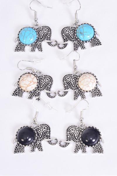 Earrings Metal Antique Elephant Semiprecious Stone / 12 pcs = Dozen  match 76014 Fish Hook , Size - 1.25" x 1" Wide , 4 Black , 4 Ivory , 4 Turquoise Asst , Earring Card & OPP Bag & UPC Code -