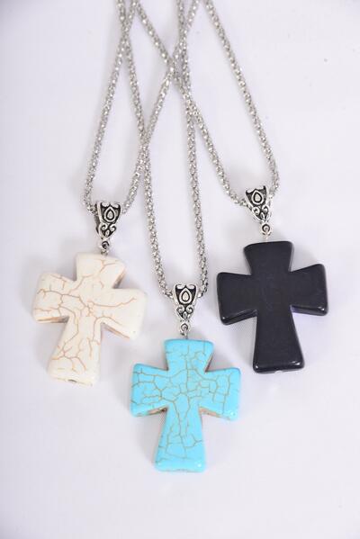 Necklace Silver Chain Metal Antique Cross Semiprecious Stone / 12 pcs = Dozen  match 03129 Pendant -1.5" x 1.25" Wide , Chain-18" Extension Chain , 4 Ivory , 4 Black , 4 Turquoise Asst , Hang Tag & OPP Bag & UPC Code