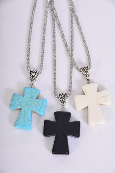 Necklace Silver Chain Metal Antique Cross Semiprecious Stone / 12 pcs = Dozen  match 03129 Pendant - 1.5" x 1.25" Wide , Chain-18" Extension Chain , 4 Ivory , 4 Black , 4 Turquoise Asst , Hang Tag & OPP Bag & UPC Code