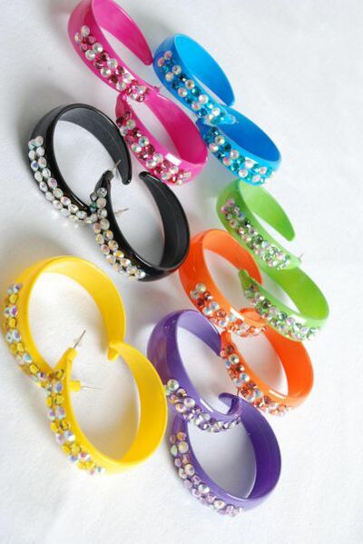 Earrings Acrylic Loop Color Stone Mix Multi / 12 pair = Dozen Post , Size - 2" Wide , 2  Black , 2 Fuchsia , 2 Blue , 2 Yellow , 2 Purple , 1 Lime , 1 Orange Color Asst , Earring Card & OPP bag & UPC Code