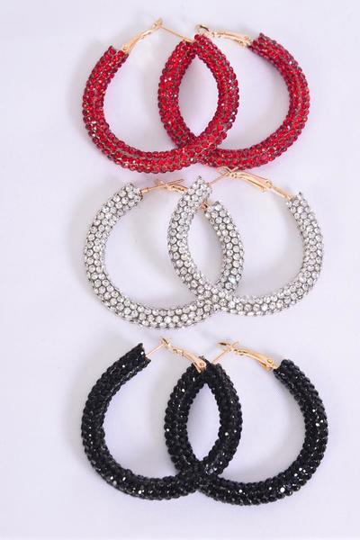 Earrings Loop Iridescent Red Clear Black Stone Mix / 12 pair = Dozen  Post , Size - 1.75" Wide , 4 Red , 4 Clear , 4 Black Mix , Earring Card & OPP Bag & UPC Code