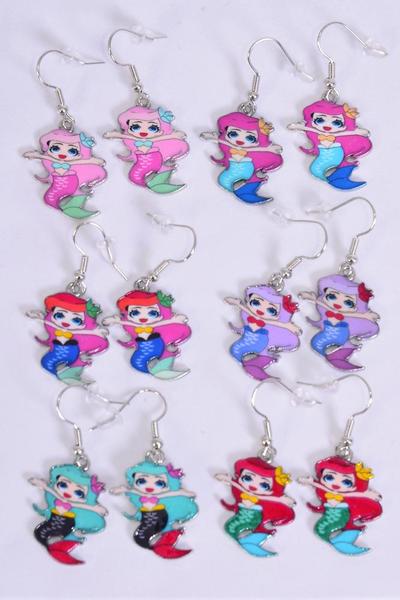 Earrings Mermaid Enamel Color Asst / 12 pair = Dozen Match 25019 Fish Hook , 2 Of each Pattern Asst , Earring Card & OPP Bag & UPC Code