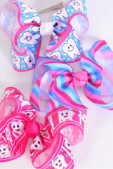 Hair Bow Jumbo Happy Tooth Grosgrain Bow-tie /  12 pcs Bow = Dozen  Alligator Clip , Size - 6" x 5" Wide , 4 Of Each Pattern Asst , Clip Strip & UPC Code