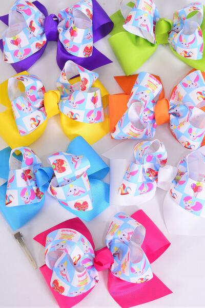 Hair Bow Jumbo Double Layered Baby Elephant Citrus Grosgrain Bow-tie / 12 pcs Bow = Dozen  Alligator Clip , Size - 6" x 5" Wide , 2 Fuchsia , 2 Blue , 2 White , 2 Purple , 2 Yellow , 1 Orange , 1 Lime Color Asst , Clip Strip & UPC Code