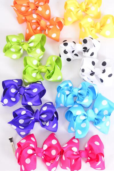 Hair Bow 24 pcs Mini Polka dots Multi Grosgrain Bow-tie / 24 pcs Bow = Dozen Alligator Clip , Size - 4" x 3" Wide , 2 Fuchsia , 2 Blue , 2 Yellow , 2 Purple , 2 White , 1 Lime , 1 Orange Color Mix , Clip Strip & UPC Code