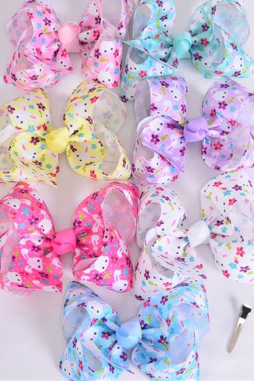 Hair Bow Jumbo Cute Bunny Face Pastel Grosgrain Bow-tie / 12 pcs Bow = Dozen Alligator Clip , Size - 6" x 5", 2 White , 2 Baby Pink , 2 Lavender , 2 Blue , 2 Yellow , 1 Hot Pink , 1 Mint Green Color Asst , Clip Strip & UPC Code