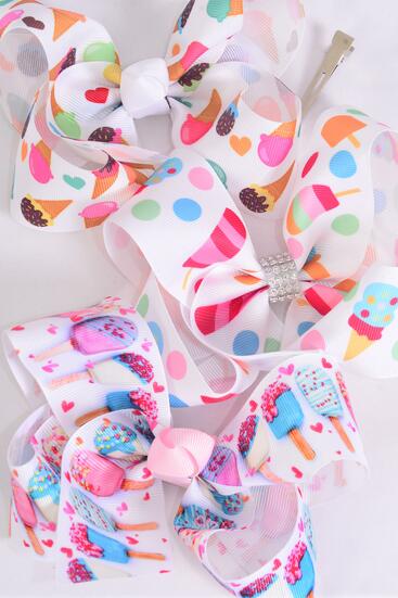 Hair Bow Jumbo Treats Ice Cream Popsicle Mix Grosgrain Bow-tie / 12 pcs Bow  = Dozen Alligator Clip , Size - 6" x 5" Wide , 4 Of Each Pattern Asst , Clip Strip & UPC Code