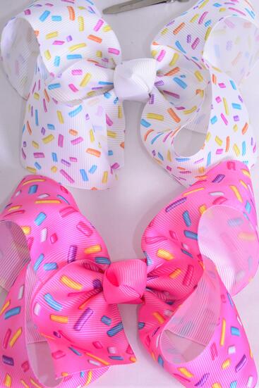 Hair Bow Jumbo Jimmies Sprinkles Grosgrain Bow-tie Pastel / 12 pcs Bow = Dozen Alligator Clip , Size - 6" x 5" Wide , 6 of each Pattern Asst , Clip Strip & UPC Code
