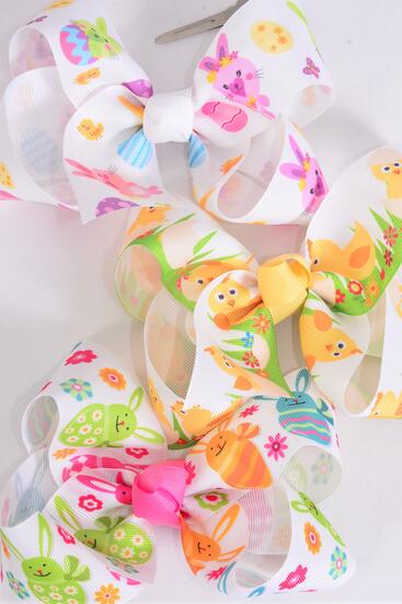 Hair Bow Jumbo Easter Bunny Eggs Grosgrain Bowtie / 12 pcs Bow = Dozen Alligator Clip , Bow - 6" x 5" Wide , 4 of each Pattern Asst , Clip Strip and UPC Code