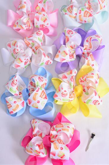 Hair Bow Jumbo Double Layered Cupcake Macaroon Cake Mix Grosgrain Bow-tie Pastel /  12 pcs Bow = Dozen Alligator Clip , Size - 6" x 5" , 2 White , 2 Baby Pink , 2 Lavender , 2 Hot Pink , 2 Mint Green ,1 Blue ,1 Yellow Color Asst , Clip Strip & UPC Code