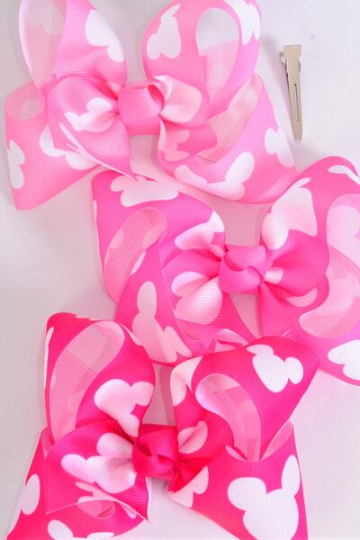 Hair Bow Jumbo Mouse Ear Pink Mix Grosgrain Bow-tie / 12 pcs Bow = Dozen Alligator Clip , Size - 6" x 5" Wide , 4 Baby Pink , 4 Hot Pink , 4 Fuchsia Color Mix , Clip Strip & UPC Code