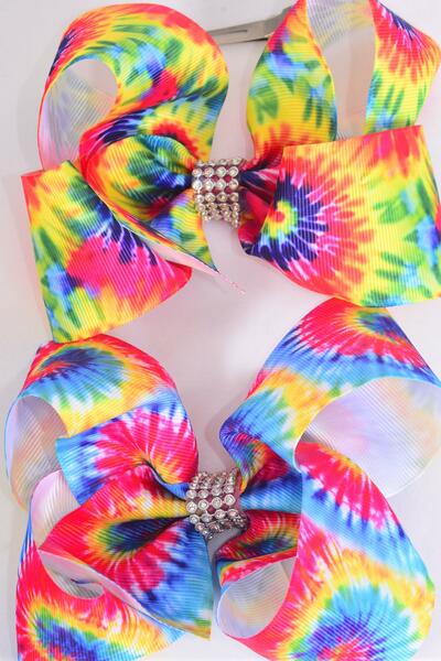 Hair Bow Jumbo Gradient Tiedye Grosgrain Bow-tie / 12 pcs Bow = Dozen Alligator Clip , Size - 6" x 5" Wide , 6 Of Each Pattern Asst , Clip Strip & UPC Code