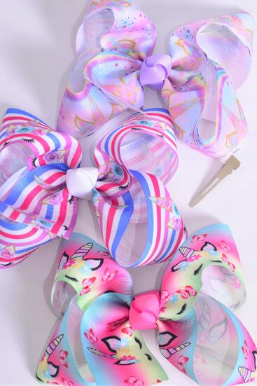 Hair Bow Jumbo Unicorn Print Grosgrain Bow-tie /  12 pcs Bow = Dozen  Alligator Clip , Bow - 6" x 5" Wide , 4 of each Pattern Asst , Clip Strip & UPC Code