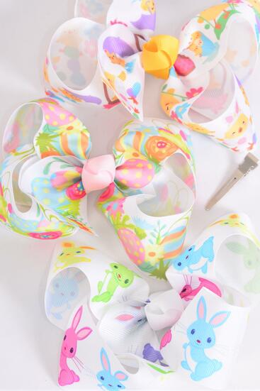 Hair Bow Jumbo Easter Bunny Chick Egg Mix Grosgrain Bow-tie / 12 pcs Bow = Doze Alligator Clip , Bow - 6" x 5" Wide , 4 of each Pattern Asst , Clip Strip and UPC Code