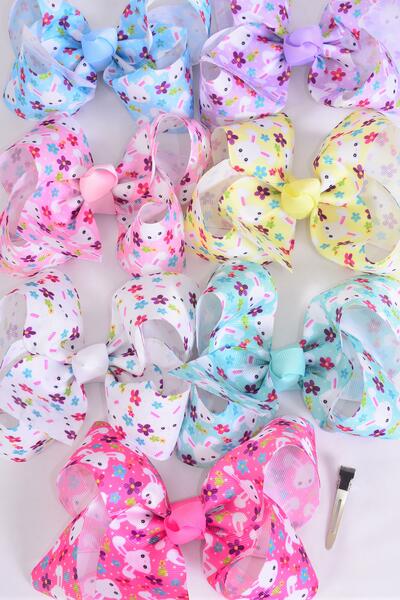 Hair Bow Jumbo Cute Bunny Face Pastel Grosgrain Bow-tie / 12 pcs Bow = Dozen Alligator Clip , Size - 6" x 5", 2 White , 2 Baby Pink , 2 Lavender , 2 Blue , 2 Yellow , 1 Hot Pink , 1 Mint Green Color Asst , Clip Strip & UPC Code