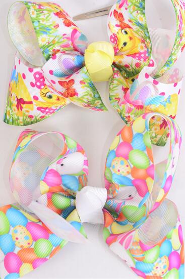 Hair Bow Jumbo Easter Bunny Chick Mix Grosgrain Bow-tie / 12 pcs Bow = Dozen  Alligator Clip , Size - 6" x 5" Wide , 6 Of each Pattern Asst , Clip Strip & UPC Code