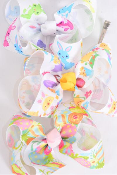 Hair Bow Jumbo Easter Bunny Chick Egg Mix Grosgrain Bow-tie / 12 pcs Bow = Doze Alligator Clip , Bow - 6" x 5" Wide , 4 of each Pattern Asst , Clip Strip and UPC Code