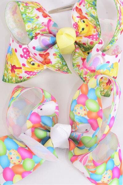 Hair Bow Jumbo Easter Bunny Chick Mix Grosgrain Bow-tie / 12 pcs Bow = Dozen  Alligator Clip , Size - 6" x 5" Wide , 6 Of each Pattern Asst , Clip Strip & UPC Code