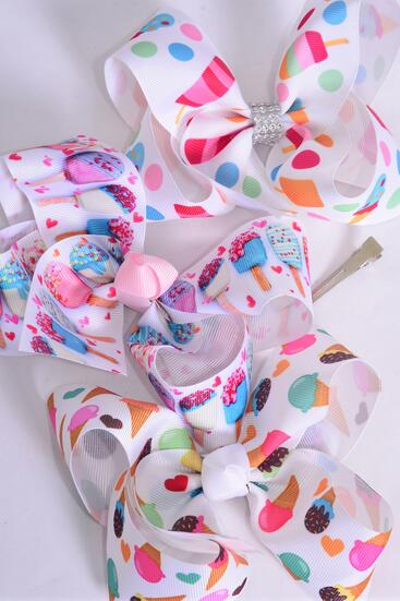 Hair Bow Jumbo Treats Ice Cream Popsicle Mix Grosgrain Bow-tie / 12 pcs Bow  = Dozen Alligator Clip , Size - 6" x 5" Wide , 4 Of Each Pattern Asst , Clip Strip & UPC Code
