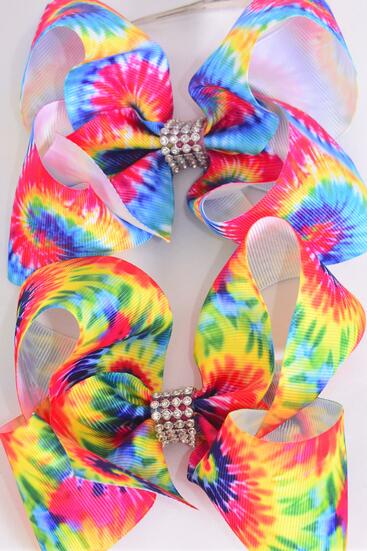 Hair Bow Jumbo Gradient Tiedye Grosgrain Bow-tie / 12 pcs Bow = Dozen Alligator Clip , Size - 6" x 5" Wide , 6 Of Each Pattern Asst , Clip Strip & UPC Code