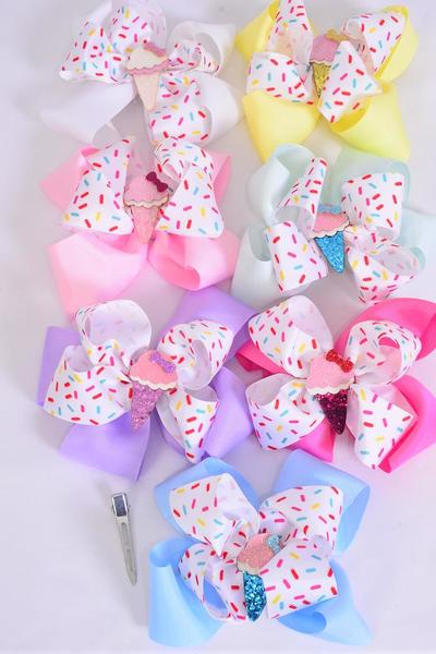 Hair Bow Jumbo Double Layered Jimmies Sprinkles Ice Cream Charm Grosgrain Bow-tie / 12 pcs Bow = Dozen Alligator Clip , Size - 6" x 5", 2 White , 2 Baby Pink , 2 Lavender , 2 Hot Pink , 2 Mint Green , 1 Blue , 1 Yellow Color Asst , Clip Strip & UPC Code