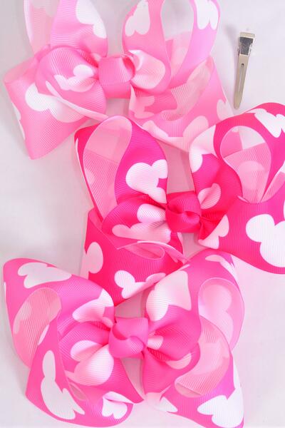 Hair Bow Jumbo Mouse Ear Pink Mix Grosgrain Bow-tie / 12 pcs Bow = Dozen Pink Mix , Alligator Clip , Size - 6" x 5" Wide , 4 Baby Pink , 4 Hot Pink , 4 Fuchsia Color Mix , Clip Strip & UPC Code