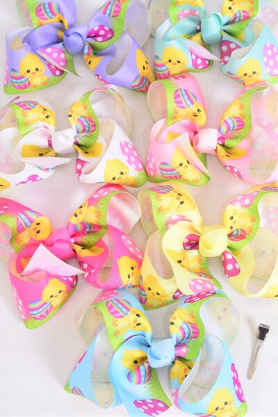 Hair Bow Jumbo Cute Easter Egg Chick Grosgrain Bow-tie / 12 pcs Bow = Dozen Alligator Clip , Size - 6" x 5" Wide , 2 White , 2 Baby Pink , 2 Lavender , 2 Blue , 2 Yellow , 1 Peach , 1 Mint Green Asst , Clip Strip and UPC Code