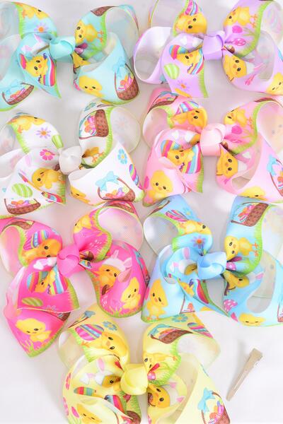 Hair Bow Jumbo Cute Easter Basket Egg Chick Grosgrain Bow-tie / 12 pcs Bow = Dozen Alligator Clip , Size - 6"x 5" Wide , 2 White , 2 Baby Pink , 2 Lavender , 1 Blue , 1 Yellow , 2 Hot Pink , 2 Mint Green Asst ,Clip Strip & UPC Code