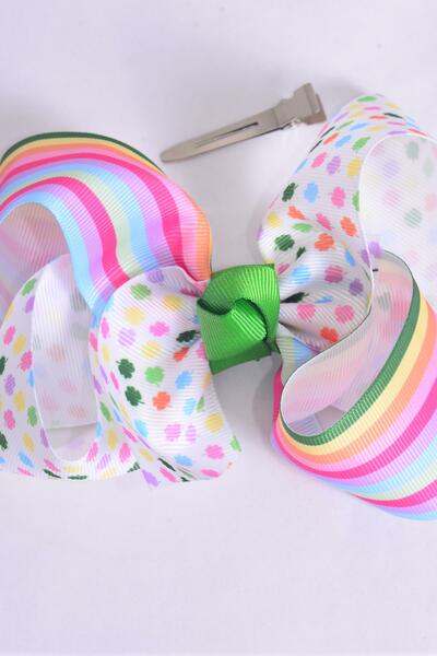 Hair Bow Jumbo Clover & Stripes Grosgrain Bow-tie / 12 pcs = Dozen Alligator Clip , Size - 6" x 5" Wide , Clip Strip & UPC Code