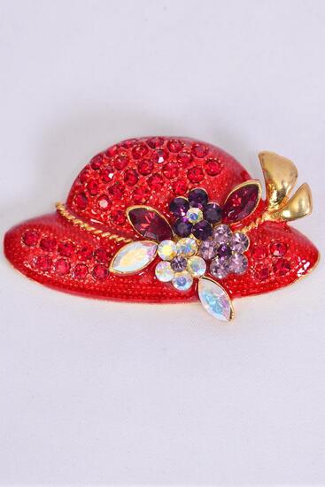 Brooch Large Red Hat Enamel Rhinestones / 12 pcs = Dozen  Red Hat , Size - 2.5" x 1.25" Wide , Display Card & OPP Bag