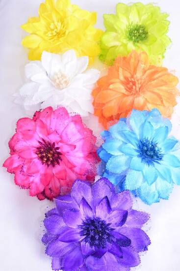 Flower Jaw Clip Chiffon Glitter Trim Multi / 12 pcs Jaw Clip Flower = Dozen   Flower Size - 5.5" Wide , 2 Fuchsia , 2 Yellow , 2 Purple , 2 Blue , 2 White , 1 Orange , 1 Lime Color Mix , Hang Tag & UPC Code , Clear Box