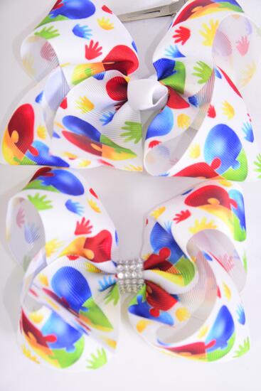 hair bow jumbo autism grosgrain bow-tie /  12 pcs Bow = Dozen Autism Awarenes , Alligator Clip , Size - 6" x 5" Wide , 6 Of each Pattern Asst , Clip Strip and UPC Code