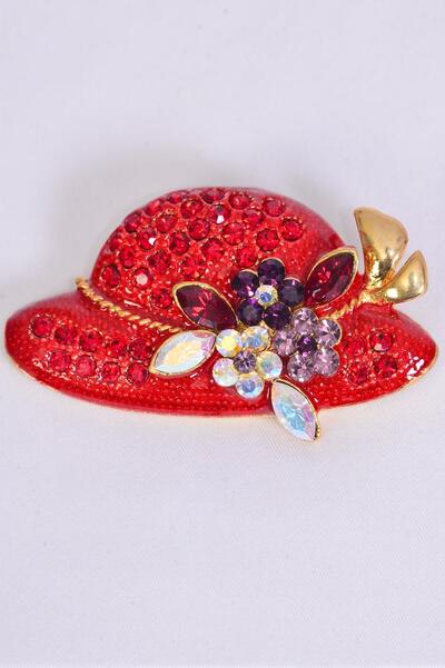 Brooch Large Red Hat Enamel Rhinestones / 12 pcs = Dozen  Red Hat , Size - 2.5" x 1.25" Wide , Display Card & OPP Bag