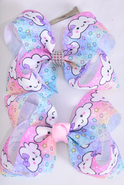 Hair Bow Jumbo Cute Happy Cloud w Stars Grosgrain Bow-tie / 12 pcs Bow = Dozen Alligator Clip , Size - 6" x 5" Wide , Clip Strip & UPC Code