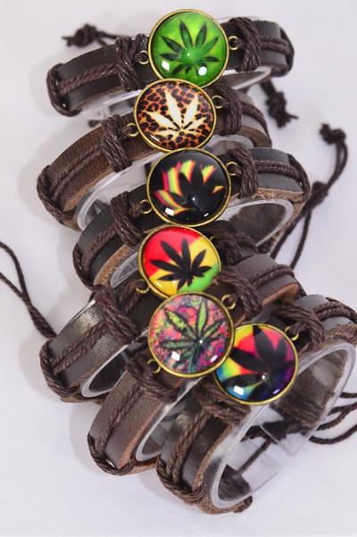 Bracelet Real Brown Leather Band Glass Dome Cannabis / 12 pcs = Dozen Unisex , Adjustable , 2 of each Pattern Asst , Individual Hang tag & OPP Bag & UPC Code