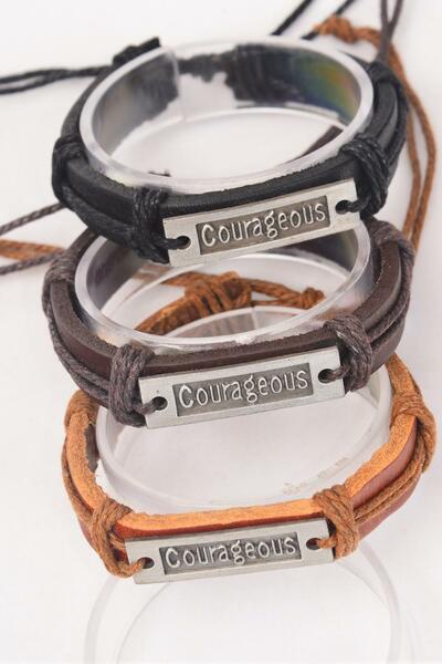 Bracelet Real Leather Band Courageous / 12 pcs = Dozen   Unisex , Adjustable , 4 of each Color Mix , Individual Hang tag & OPP Bag & UPC Code