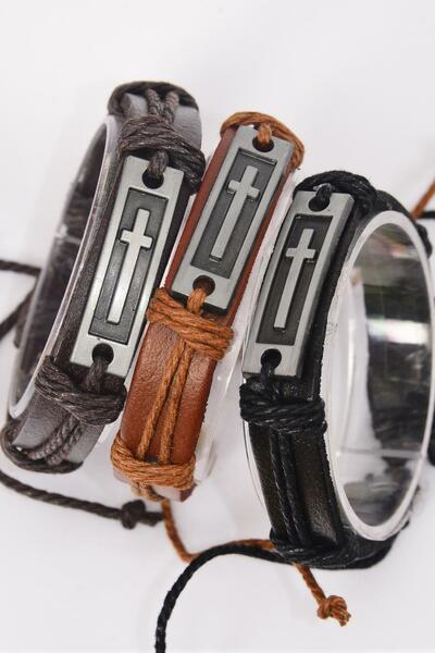 Bracelet Real Leather Band Sideway Cross / 12 pcs = Dozen  Unisex , Adjustable , 4 of each Pattern Mix , Individual Hang tag & OPP Bag & UPC Code