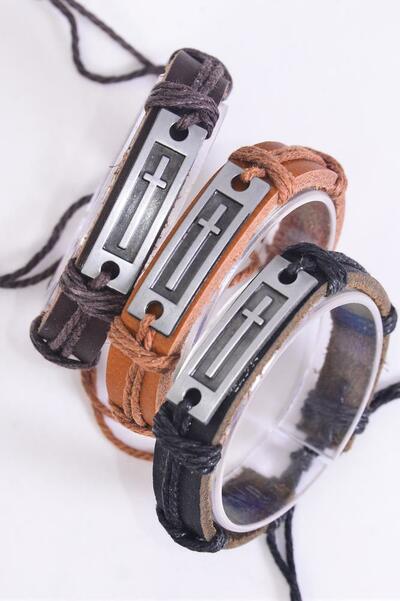 Bracelet Real Leather Band Cross / 12 pcs = Dozen Unisex , Adjustable , 4 of each Color Mix , Individual Hang tag & OPP Bag & UPC Code