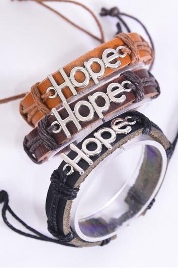 Bracelet Real Leather Band Hope / 12 pcs = Dozen  Unisex , Adjustable , 4 of each Pattern Asst , Individual Hang Tag & OPP Bag & UPC Code